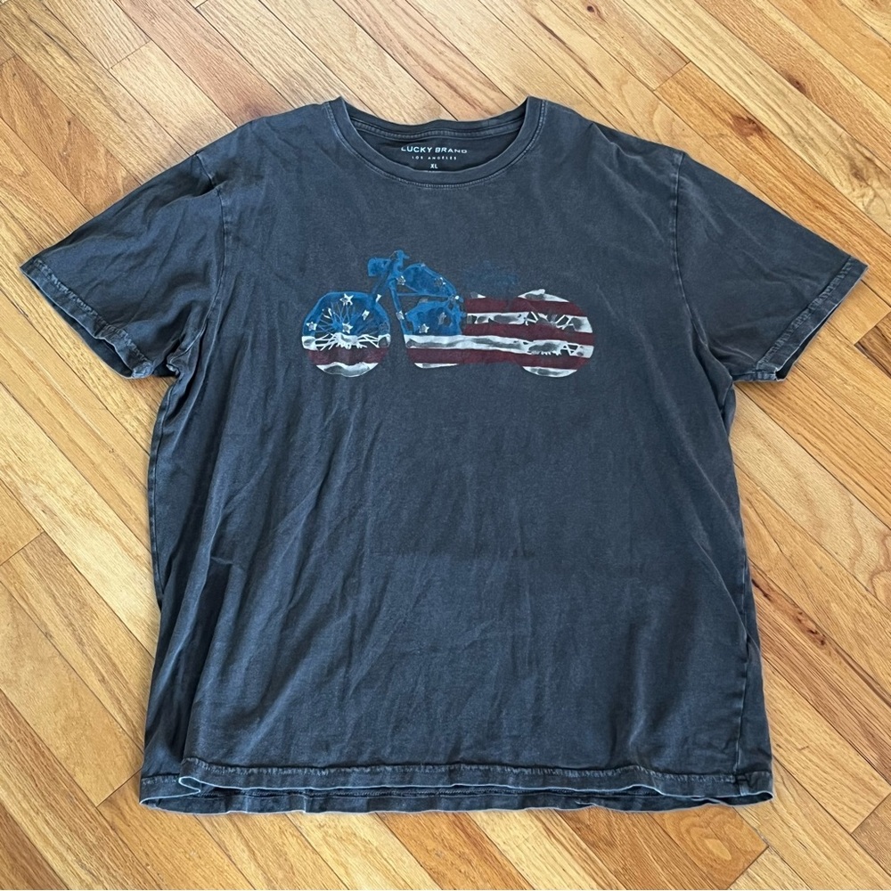 Lucky Brand Black Short-Sleeve Tee with American Flag Motorcycle Graphic